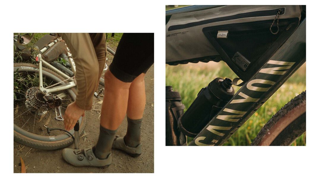 What to Wear for Long-Distance Cycling – Essential Gear and Clothing Tips Close-up of a cyclist inflating a tire and storing gear in a Canyon frame bag, highlighting proper clothing, shoes, and storage setup for long-distance cycling.
